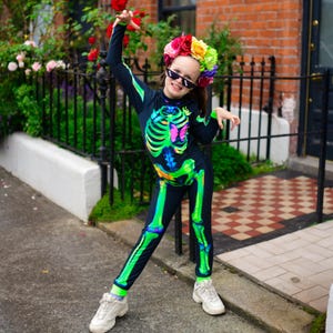 Glow-in-the-Dark Skeleton Jumpsuit for Girls  Unique Halloween Costume for Kids,  Fluorescent Skeleton Outfit, Trick-or-Treat Suit for Kids