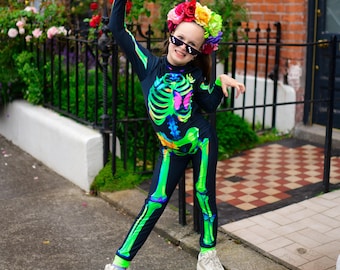 Glow-in-the-Dark Skeleton Jumpsuit for Girls  Unique Halloween Costume for Kids,  Fluorescent Skeleton Outfit, Trick-or-Treat Suit for Kids