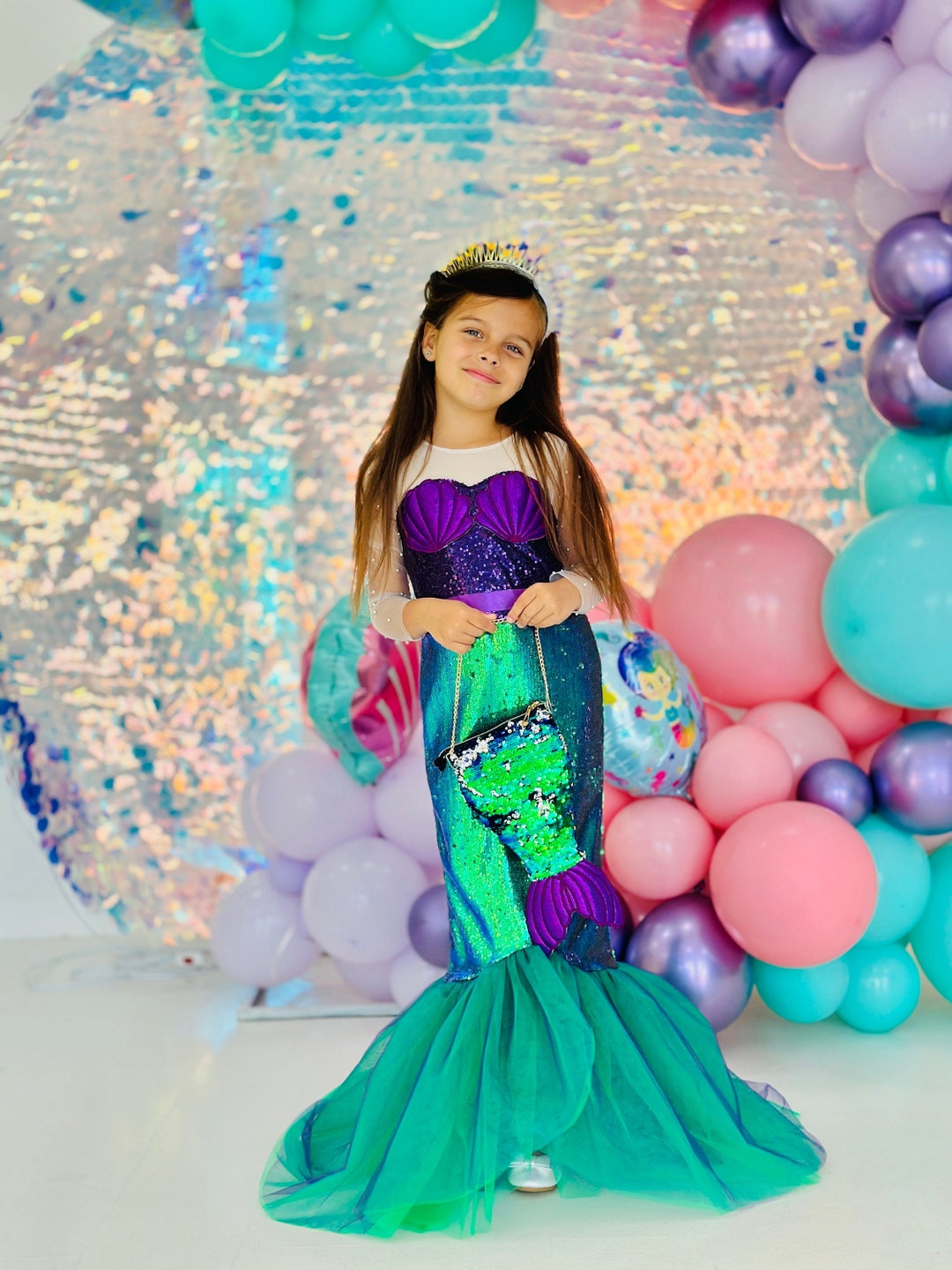 Mermaid Tail Dress for Girl, Mermaid Costume with Crown and Bag Perfect for Birthday and Under The Sea Party, Toddler Outfit for Photoshoot