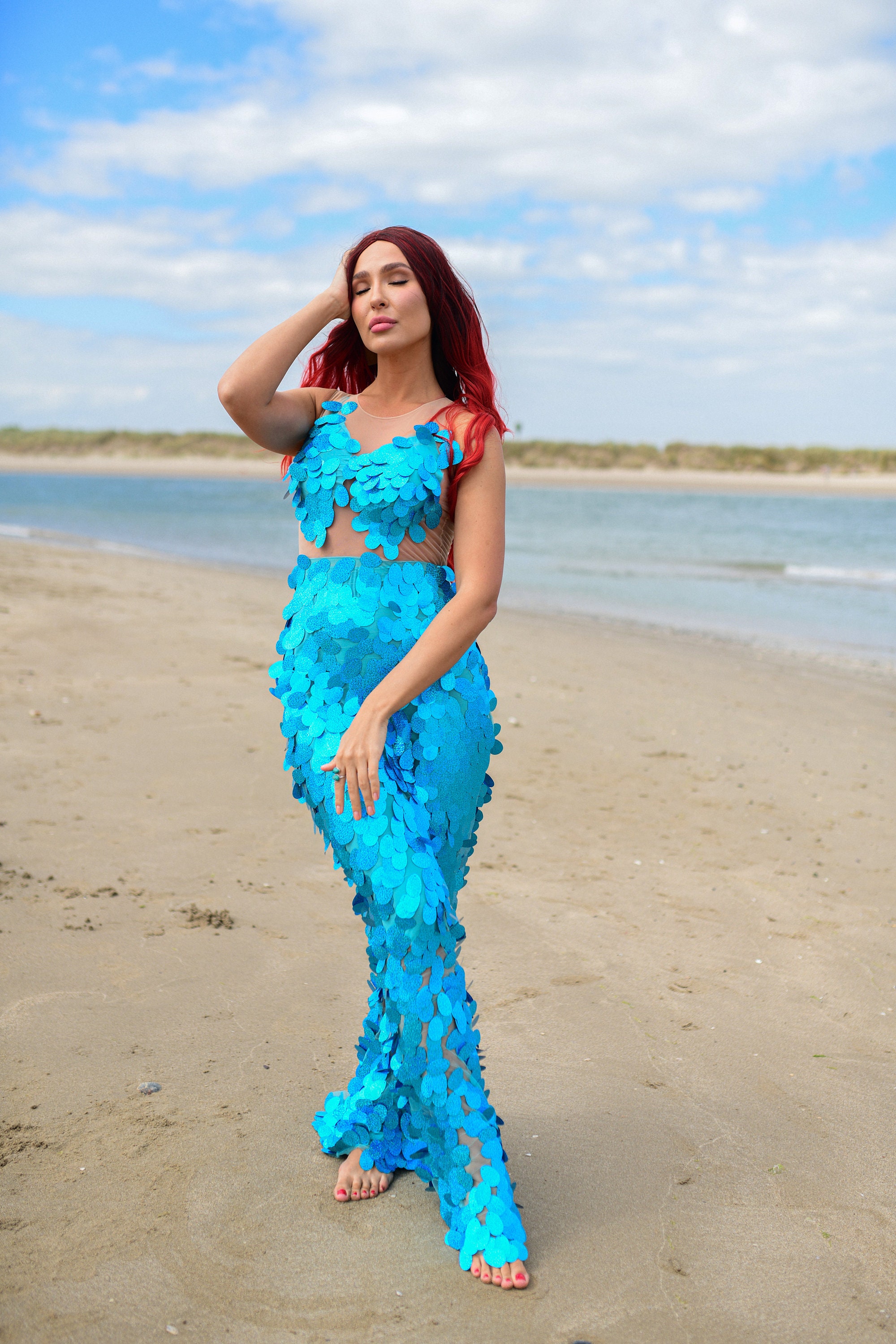 Turquoise Mermaid Dress for Adults with Sequins, Ocean Party Gown with Crown, Mermaid Party Outfit for Cosplay, Halloween, Special Event