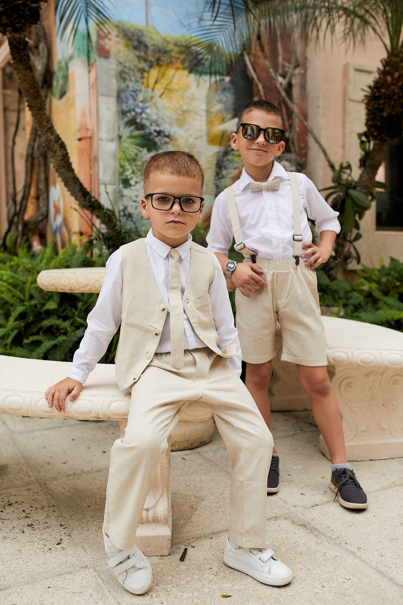 Monaco - Boys Linen Look Suit Set with Bow tie, 2 colours