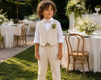 Rustic Linen Suspenders Set | Bow Tie Pants | Boys Formal Outfit