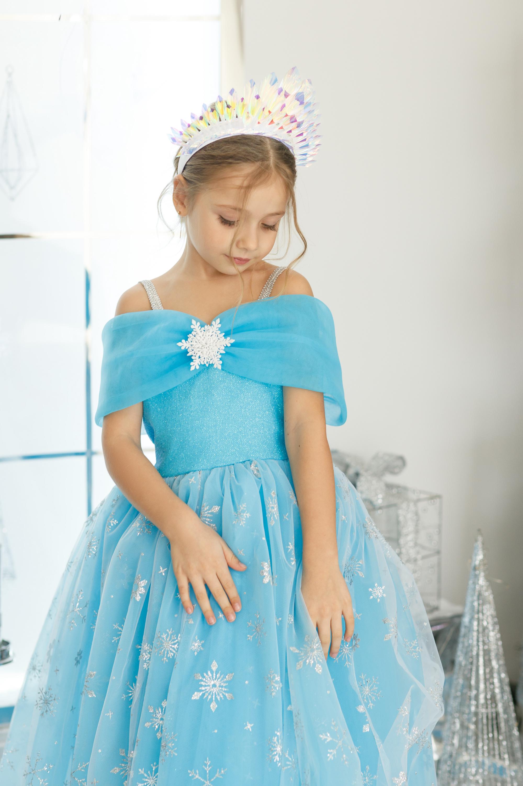 Sparkling Winter Wonderland Costume for Girls, Snowflake Princess Dress and Crown, Blue Gown for Kids, Holiday Costume, Princess Party Dress