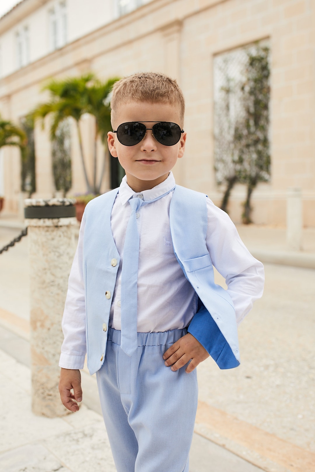Abito in lino azzurro cielo per ragazzi Gilet rustico per
