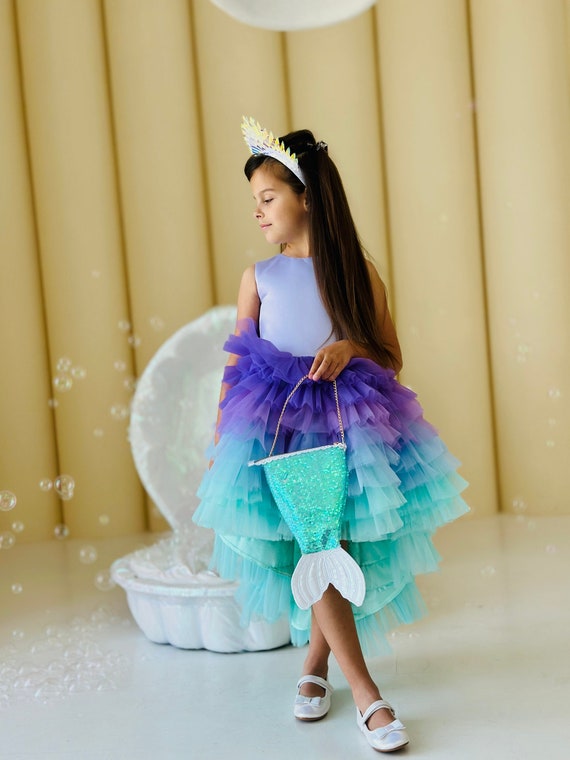 open lace back dress Girls Pastel Ariel Mermaid Tutu Dress Under the Sea Theme Birthday Party  Costume with Flower Headband