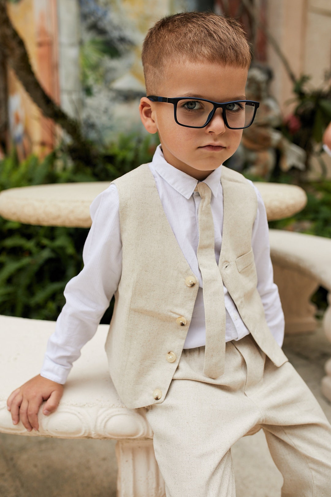 Unpainted Linen Suit for Boys | Rustic Toddler Linen Trousers, Vest and Tie Set for Christening, Baptism, Birthday and Formal Events
