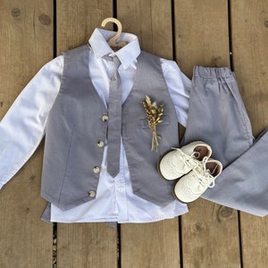 Boys Grey Linen Suit Jacket & Pants for Ring Bearers, Weddings