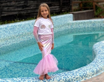 Mermaid Costume for Little Girls, Sea Themed Princess Dress-Up Set, Seashell Tee, Mermaid Skirt Tattoo Gloves for Birthday and Themed Party
