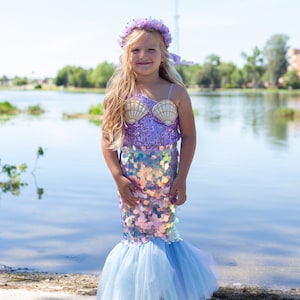 Mermaid Tail Dress for Girls, Purple Sequin Princess Birthday Outfit, Little Girls Mermaid Costume for Halloween and Theme Parties