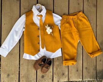 Page Boys' Mustard Linen Suit, Set of 3 for Wedding, Baptism, Christening, Birthday, Toddlers Formal Wear with Vest and Tie, Elegant Outfit
