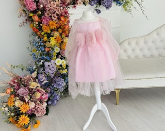 Pink Flower Girl Dress, Elegant Tulle Gown for Girls, Wedding Party, Birthday, Special Occasion Dress, Fairy Princess Outfit for Toddler