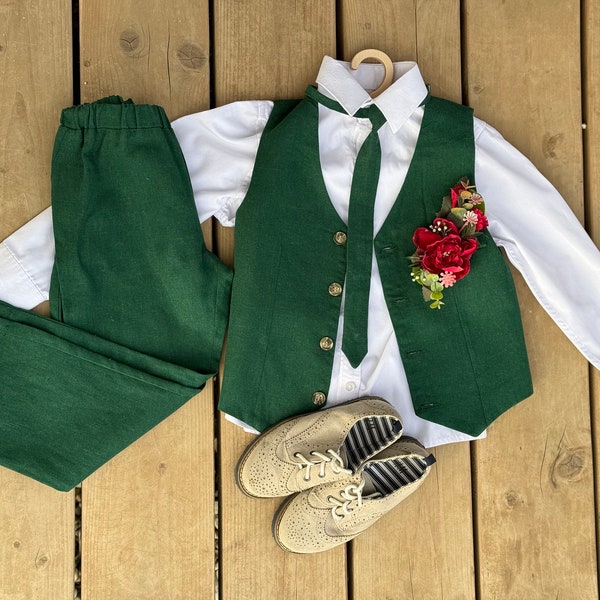 Emerald Green Linen Suit for Boys  Rustic Toddler Linen Outfit with Vest and Tie, Perfect for Christenings, Birthdays, and Formal Occasions