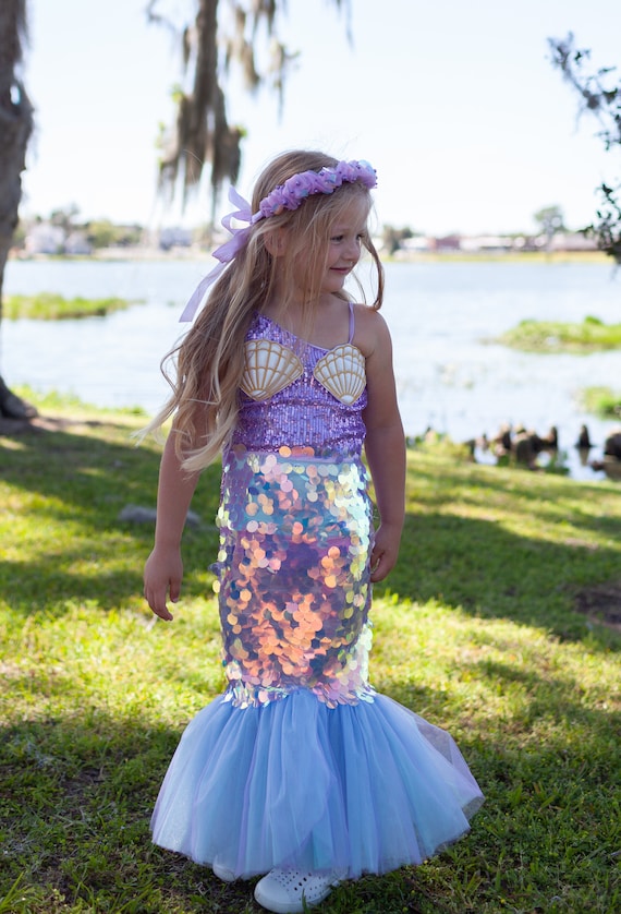 Disfraz De Sirena Para Niñas – 9 Piezas Con Top, Falda, Cetro, Corona, Collar, Pendientes, Pulsera Y Anillo – Ideal Para Halloween, Carnaval Y Cumpleaños – Diseño De Escamas Y Lentejuelas