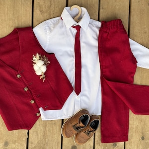 Burgundy Ring Bearer Outfit, Boys Linen Suit for Wedding, Toddler Page Boy Formal Wear