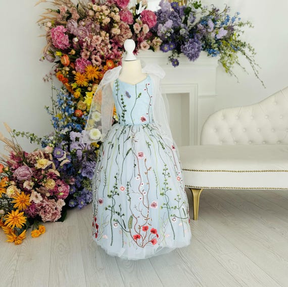 light blue dress with red flowers Light Blue Floral Embroidered Maxi Dress - All Dresses main image 1