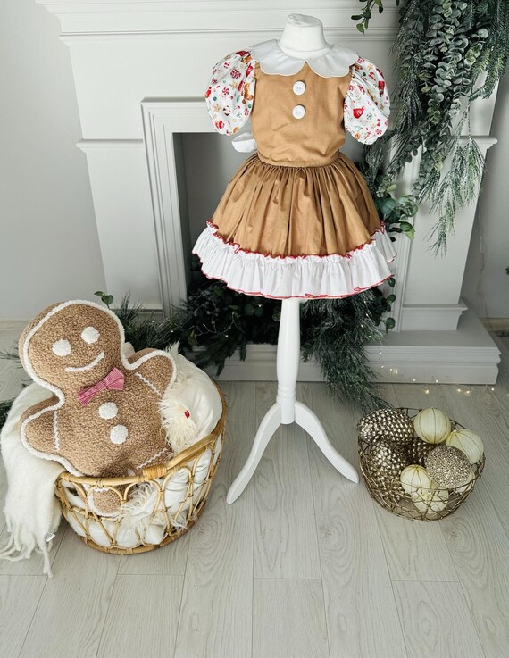 Gingerbread Style Brown Christmas Dress with Apron for Girl, Kids Winter Party Gown Festive Toddler Outfit for Photoshoot and Holiday Event
