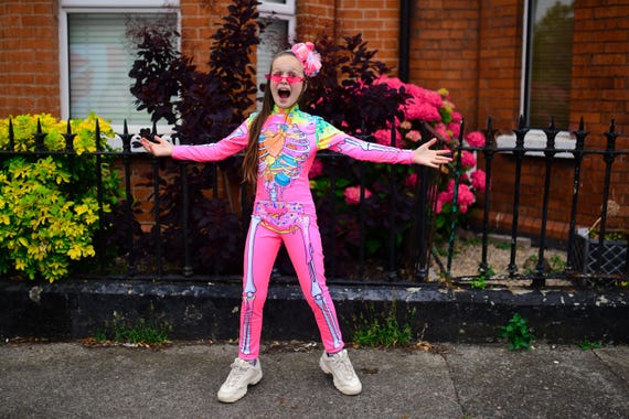 pink halloween dress Adult Neon Skeleton Hooded Dress, Black/Pink, 2X inspired dress Sweet Society Pink Ghost Cami