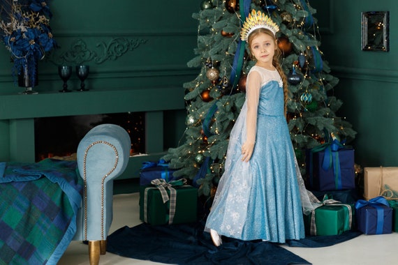 ice blue christmas dress Sparkling Queen Costume, and Crown Set for Girl, Dress for Kids, Perfect for Celebration, Winter Wonderland Outfit With this stunning Princess
