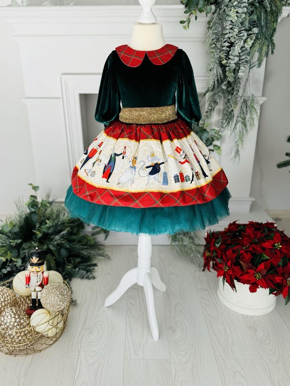 Emerald Green Nutcracker Christmas Dress for Girl, Kids Winter Party Gown, Festive Toddlers Outfit, Perfect for Photoshoot and Holiday Event