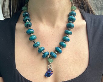 Turquoise blue green unique handmade gemstone polymer clay beaded statement necklace