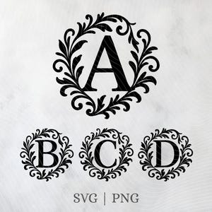 May include: Black monogram letters A, B, C, and D, each within a decorative floral wreath. The letters are in a bold, serif font. The background is a light, textured grey. The image also includes the text "SVG | PNG".