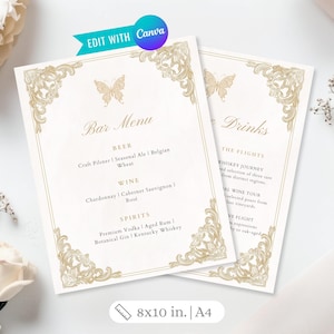 May include: Two cream-coloured bar menu cards with gold decorative borders and butterfly accents. The cards feature the text "Bar Menu" and "Drinks", with drink categories and selections listed. The cards are 20.32 x 25.4 cm.