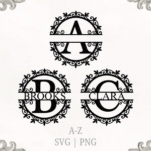 May include: Three black circular monograms with ornate filigree borders. The top design features the letter A. The bottom left design features the letter B with the name BROOKS. The bottom right design features the letter C with the name CLARA. Text A-Z SVG PNG is at the bottom.