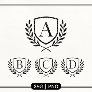 May include: Black and white crest designs featuring the letters A, B, C, and D. Each letter is inside a shield shape, surrounded by a laurel wreath. The bottom of the image has the text "SVG | PNG".