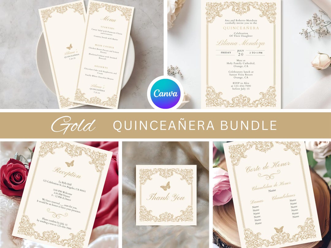 Editable Gold Quinceañera Party Template Bundle Printable Invitation ...