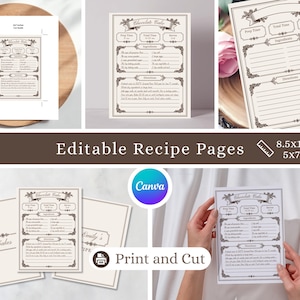 May include: A collection of printable recipe pages with a vintage design. The pages feature decorative borders and headings for prep time, ingredients, and directions. The text "Chocolate Cake" is visible on some pages. The pages are 8.5x11 inches and 5x7 inches.
