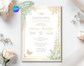 Editable Quinceañera Invitation Template Sage Green Floral Sweet 15 Editable Download Elegant Gold Printable Template for 15th Birthday