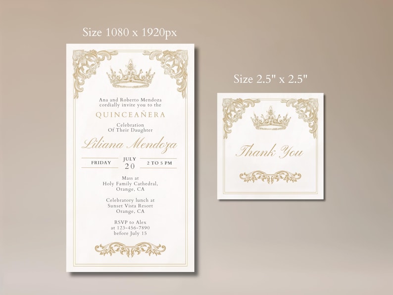Elegant Quinceanera Invitation and Thank You Card Set, Gold Embellished, Customizable Date and Name