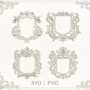 May include: Four ornate, vintage-style frame designs in a light beige color. Each frame features intricate scrollwork and a blank center, with two shield-shaped and two circular designs. The image includes the text "SVG | PNG".