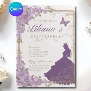 Plantilla editable de invitación de quinceañera, invitación de cumpleaños número 15, tema floral morado y lila con mariposa, descarga instantánea