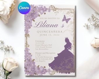Quinceanera Invitation Editable Template, Sweet 15 Birthday Invitation, Purple Floral Lilac Theme with Butterfly, Instant Download