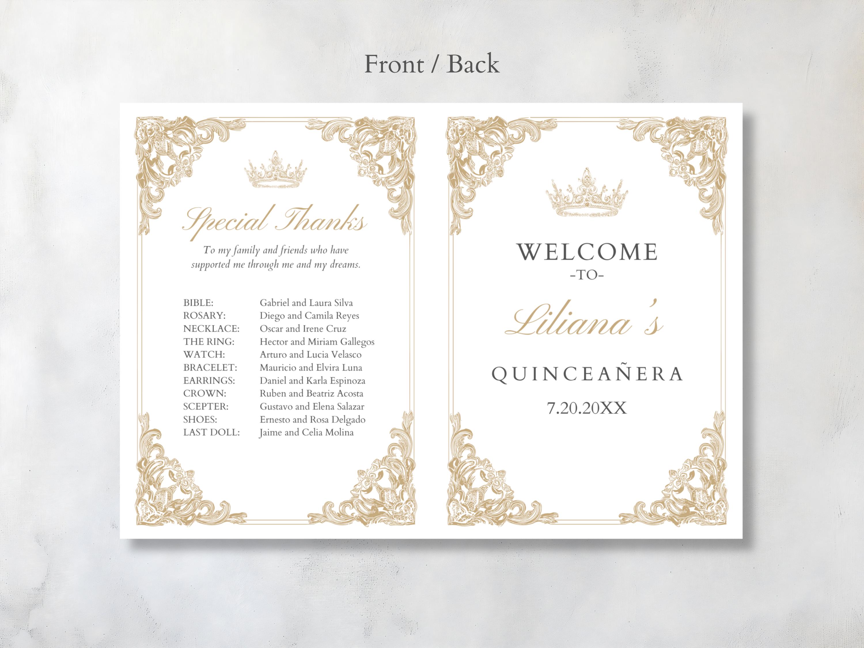 Quince Program Templates Editable Quinceañera Program Template Printable Elegant Gold Bi-fold ...