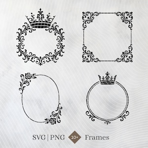 Può includere: Quattro cornici decorative nere in varie forme: un cerchio con una corona, un quadrato con angoli ornati, un ovale con accenti floreali e un cerchio con una corona. L'immagine include il testo "SVG | PNG 10+ Frames".