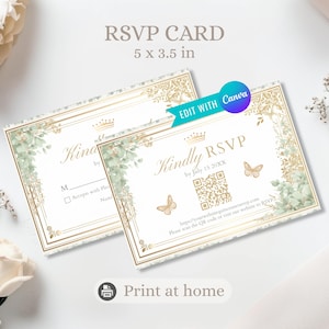 Utskrivbart OSA-kort för Quinceañera med QR-kod | Elegant svarskort i salviagrönt och guld för gäster | Redigerbar inbjudningsinsats för 15-årsjubileum