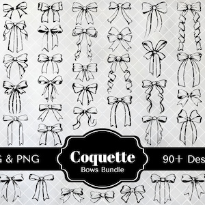 May include: A set of 90+ black and white bow designs, ideal for crafting and digital projects. The designs are in a variety of styles, including simple, elegant, and whimsical. The text "Coquette Bows Bundle" is displayed in a black and white banner.