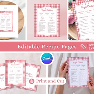 Editable Recipe Template Printable Pink Gingham Recipe Page & Cover Set Digital Download Kitchen Print Sheets for Binder