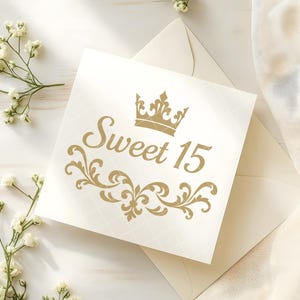 Elegant Sweet 15 Invitation Card, Quinceañera Gold Foil Design, Birthday Celebration, Royal Theme, Luxury Envelope Included