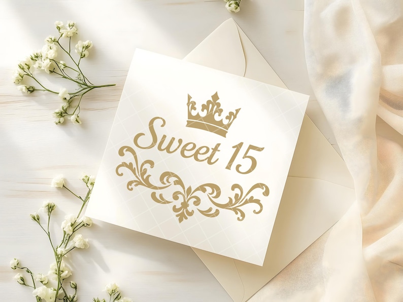 Elegant Sweet 15 Invitation Card, Quinceañera Gold Foil Design, Birthday Celebration, Royal Theme, Luxury Envelope Included