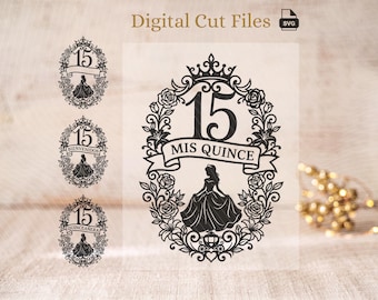 Quinceañera Welcome Sign SVG Princess Silhouette Frame Design | Mis Quince 15th Birthday Party Entry Sign Cut File Sweet 15 Decor