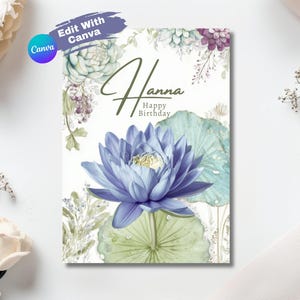 Bearbeitbare Blumen Geburtstagskarte für sie Personalisierte Begrüßung für Tochter Aquarell Lotus Vorlage DIY druckbares Geschenk Digitaler Download