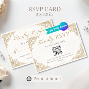 QRコード付き編集可能なキンセアニェーラRSVPカード｜ゲストへのエレガントなゴールド返信カード｜印刷可能なスイート15招待状挿入物