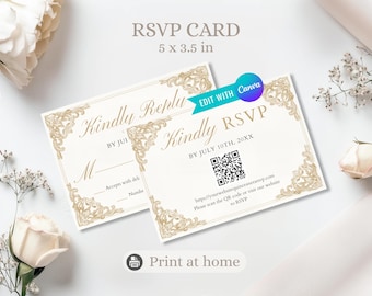 Editable Quinceañera RSVP Card with QR Code | Gold Elegant Reply Card for Guests | Printable Sweet 15 Invitation Insert