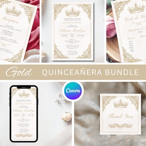 May include: A gold quinceañera bundle featuring invitation cards, a reception card, a court of honor card, and a thank you card. The cards have a decorative gold crown and floral design. A smartphone displays an invitation. The text "Gold Quinceañera Bundle" is displayed.