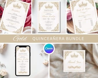 Elegant Quinceañera Invitation Set Digital Template | Gold Crown Invite for Sweet 15 | Editable Quince Party Thank You Card