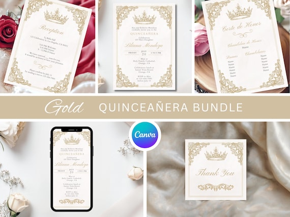 Elegant Quinceañera Invitation Set Digital Template | Gold Crown Invite for Sweet 15 | Editable Quince Party Thank You Card
