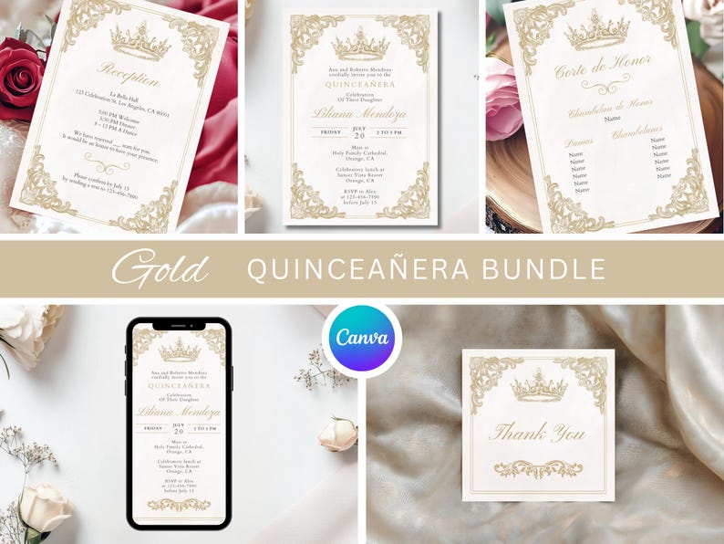 May include: A gold quincea&ntilde;era bundle featuring invitation cards, a reception card, a court of honour card, and a thank you card. The cards have a decorative gold crown and floral design. A smartphone displays an invitation. The text "Gold Quincea&ntilde;era Bundle" is displayed.